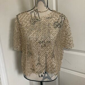 Beaded Sheer Short-Sleeve Blouse - Nude